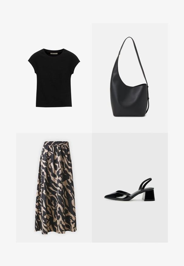 Černé tričko s krátkým rukávem vyrobené z měkké tkaniny, s kulatým výstřihem a volným střihem, s hladkým povrchem a bez vzorů.; černá a béžová dlouhá sukně s elastickým pasem, s abstraktním vzorem zvířecího tisku a volným střihem.; Černé lakované kožené lodičky na pásku s špičatou špičkou a geometrickým blokovým podpatkem. Vyznačují se elegantním, minimalistickým designem a hladkým povrchem.; Černá kožená hobo taška s hladkým povrchem, zakřiveným tvarem a jedním nastavitelným popruhem; má široké otevírání nahoře.