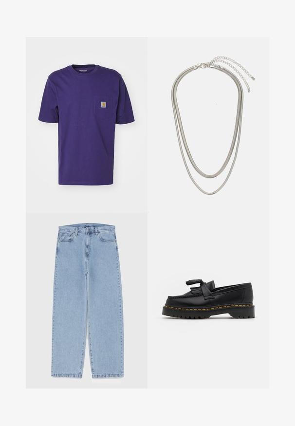 Carhartt WIP POCKET - Jednoduché tričko - aura; Světle modré džíny s rovnými nohavicemi, středním pasem, pěti kapsami a zapínáním na knoflík a zip.; Černé kožené mokasíny s třásněmi, se silnou černou podrážkou a žlutým prošíváním podél okraje. Texturovaný povrch.; Vícevrstvý stříbrný kovový náhrdelník s elegantními, flexibilními řetízky s jemným leskem, zabezpečený karabinkou a nastavitelným řetízkem.