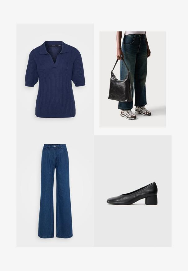 Polo de malha azul-marinho de mangas curtas com decote em V e textura canelada. Apresenta um colarinho clássico e mangas ligeiramente bufantes.; Jeans de denim azul de perna larga com uma cintura alta, apresentando bolsos frontais e fecho com botão. Textura lisa sem padrões visíveis.; Sapato de salto preto em couro com bico arredondado e salto médio bloco. Textura suave com detalhes mínimos, apresentando uma abertura elástica discreta.; Bolsa de ombro em couro preto com textura suave e alça ajustável, combinada com jeans de perna larga desbotados e ténis desportivos.