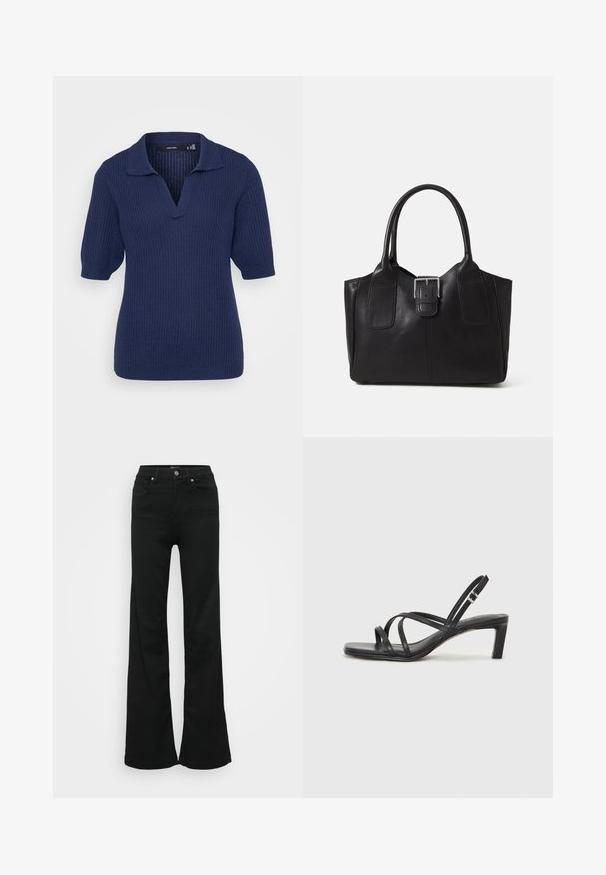 Sötétkék kötött rövidujjú pólóing V-nyakkal és bordázott textúrával. Klasszikus gallérral és enyhén puffadt ujjal rendelkezik.; Fekete, trapéz szabású farmernadrág, magas derékkal, öt zsebbel és fémből készült gombos zárással. Simább textúrájú, minimális díszítéssel.; Fekete pántos szandál négyzetes orral és alacsony blokk sarkal. Több vékony pánttal és állítható boka pánttal rendelkezik. Sima bőrből készült.; Fekete bőr bevásárlótáska sima textúrával, strukturált formával, két fogantyúval és egy figyelemfelkeltő ezüst csattal az elején.