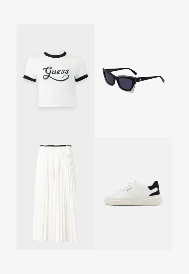 Valge lühikeste varrukatega t-särk, millel on must soonikkoes kaelus ja varruka servad. Ees on julge musta skripti kirjas "Guess" logo. Siledat tekstuuri.; Kurtitudega valge seelik musta elastse vööga, millel on "LACOSTE" logo. Keskmise pikkusega disain pehme tekstuuriga.; Valged nahast tennisetossud paksu valge tallaga, musta sametist kontsakeeuga ja külje peal riigilogo reljeefne kujundus. Lukkeskeem kuue silmaauguga.; Mustad suured mustad prillid geomeetrilise kujuga, tumedate läätsedega ja kontrastse halli detailiga raamidel. Logo käe peal.