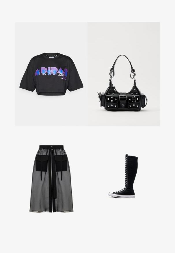 Melnā īsa t-krekls no viegla auduma, ar lielu purpura un zilā grafisko tekstu un dizaina elementiem priekšpusē, ar īsām piedurknēm.; Melnā caurspīdīgā svārka ar salikto jostasvietu, kas ietver divas lielas priekšējās kabatas, jostas saitīti un apaļu metāla akcentu.; Melni augstie sporta apavi ar augstu dizainu, izgatavoti no kanvas. Iezīmēti ar baltiem auklām, diegojumiem un gumijas zoli ar purngalu.; Melnas ādas rokturmais ar izliekumu, ar sudraba iedurtiem, sprādzi un divām sānu kabatām. Regulējams siksniņas garums dažādām nēsāšanas iespējām.