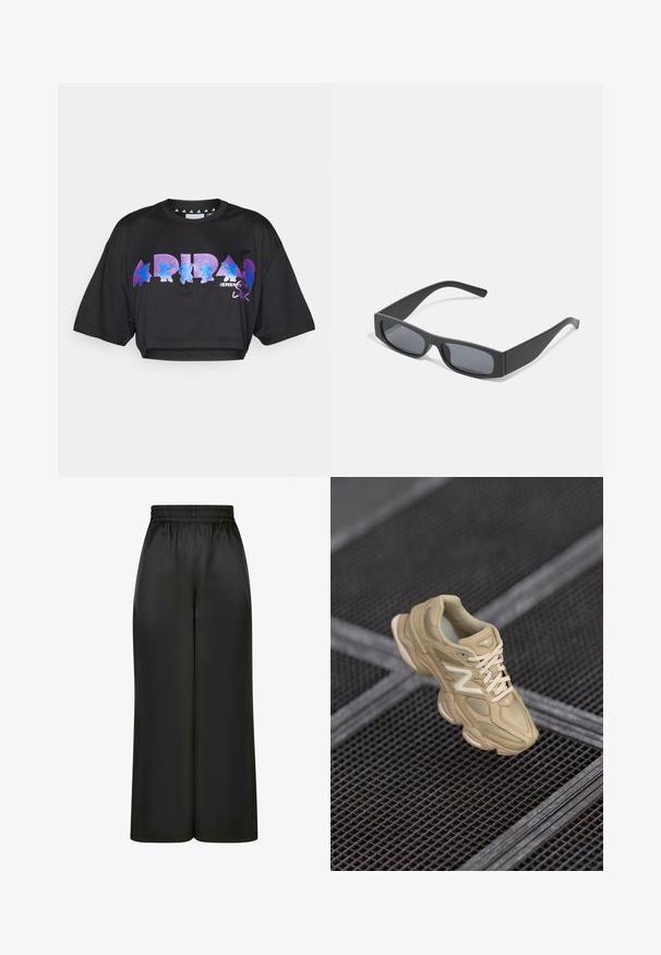 Schwarzes, verkürztes T-Shirt aus leichtem Material mit großen lila und blauen Grafiken sowie Designelementen auf der Vorderseite und kurzen Ärmeln.; Schwarze, weit geschnittene Hosen aus glattem, glänzendem Stoff mit elastischem Bund und ohne sichtbare Taschen oder Metallteile.; Beige Sportsschuh aus Nylon und Wildleder, mit strukturiertem Obermaterial, abgerundetem Zehenbereich, dicker Sohle und auffälligem Logo. Schnürsenkel in passender Farbe.; Schwarze rechteckige Sonnenbrillen mit dunklen Gläsern und dicken matten Rahmen. Die Bügel sind leicht verjüngt und haben eine glatte Oberfläche.