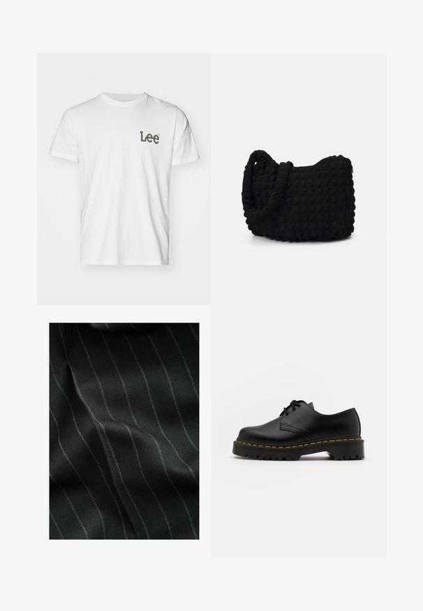 Valkoinen puuvillainen t-paita, jossa on lyhyet hihat ja pyöreä kaula-aukko. Vasemmassa rintakehässä vihreä "Lee" -logo. Sileä rakenne.; Mustat kangas, jossa on herringbone-kuvio ja ohuita valkoisia viivoja. Tekstuurissa on sileä pinta, jossa on hienovaraista syvyysvaikutelmaa kankaan kudoksesta.; Musta nahkainen nauhakenkä, jossa on pyöreä kärki, kuvioitu kumipohja ja keltaiset tikit ympäri pohjaa. Litteä muotoilu ja sileä pinta.; Musta kangaspussi, jossa on teksturoitu, tikkikuvio. Pyöreä muoto, lyhyet, paksut kahvat ja pehmeä, joustava rakenne.