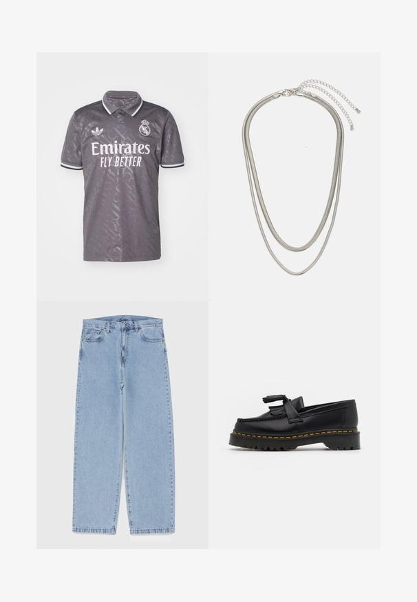 Maglietta da calcio grigia con colletto, con la scritta bianca "Emirates Fly Better", logo Adidas e texture a motivi.; Jeans in denim azzurro chiaro con design a gamba dritta, caratterizzati da una vita media, cinque tasche e chiusura con bottone e zip.; Mocassino in pelle nera con un'accento a frange, dotato di una suola nera spessa e cuciture gialle lungo il bordo. Finitura testurizzata.; Collana in metallo argentato a tre strati caratterizzata da catene sottili e flessibili con una leggera lucentezza, fissata con un gancio a molla e una catena regolabile.