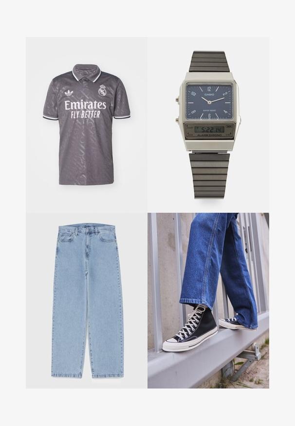 Siva nogometna majica s ovratnikom, sa bijelim natpisom "Emirates Fly Better", Adidas logom i teksturom sa uzorkom.; Svijetloplave traperice s ravnim nogavicama, sa srednjim strukom, pet džepova i zatvaranjem na dugme i patentni zatvarač.; Crne visoke tenisice s bijelim potplatom i vezicama, u kombinaciji s širokim plavim trapericama, naslonjene na sivi ogradu.; Casio digitalni sat s plavim brojčanikom, srebrnim kućištem i slojevitim crnim gumenim remenom. Prikazuje vrijeme i postavke alarma. Vodootporan.