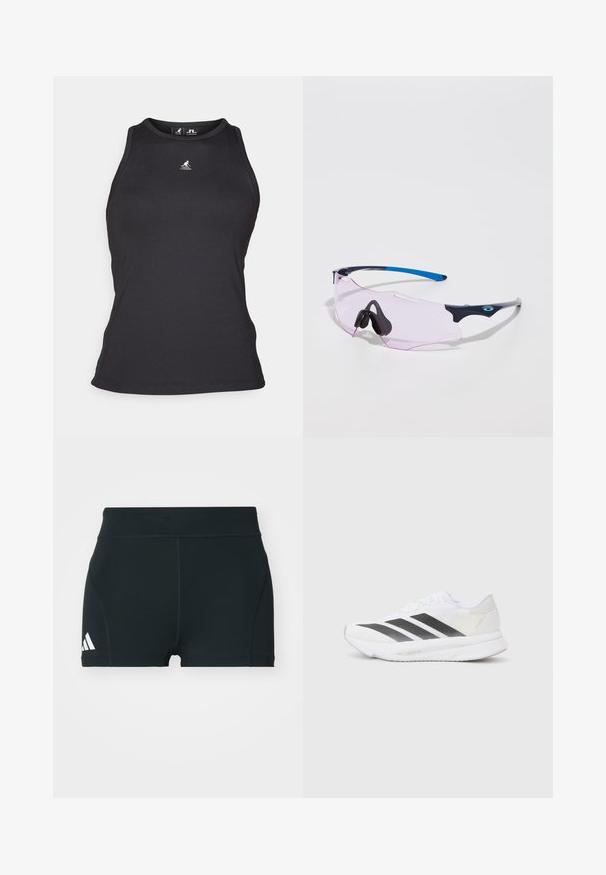 Svart ribbet tanktopp med høy hals og ermeløs design. Har en liten logo på brystet og en tettsittende silhuett.; Svart trening shorts laget av elastisk stoff, med høy midje, tettsittende fasong, og hvit Adidas-logo på venstre side.; Hvit sportssko med svarte diagonale striper, mesh-overdel, rund tå og teksturert såle. Detaljene inkluderer en sølvfarget hæl og minimalistisk design.; Sport solbriller med en gjennomsiktig rosa linse. Har rammer i mørkeblått og lys grått. Justerbare nesepads for økt komfort.
