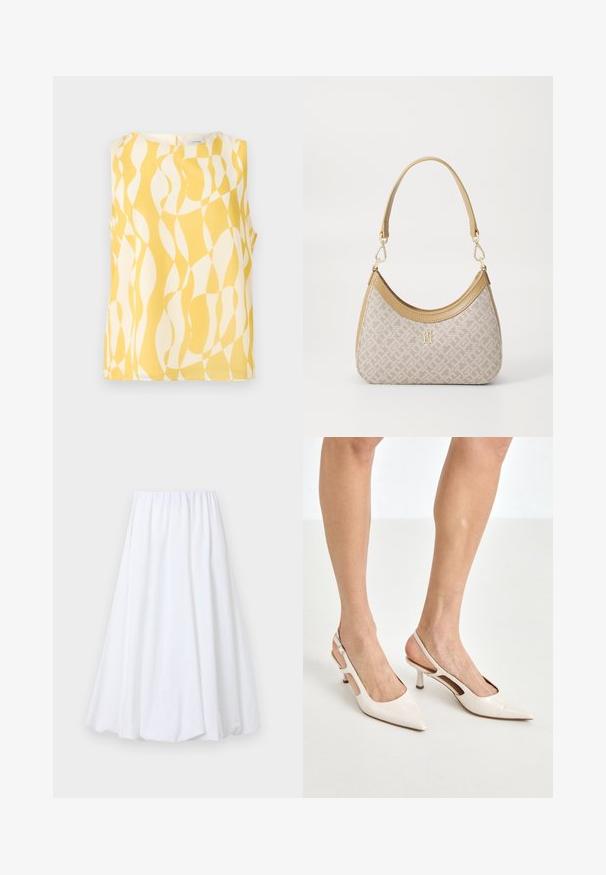 Mouwloze top in geel en wit met een golvend patroon. Gemaakt van lichte stof, met een ronde hals en een keyhole sluiting op de rug.; Witte enkellange rok met een elastische tailleband, gemaakt van lichte stof met een zachte textuur en een vloeiende pasvorm.; Beige gepatineerde leren slingback hakken met een spitze neus en een hak van 5 cm, met uitsparingen aan de zijkanten en een dunne enkelband.; Beige handtas met een patroon en een gebogen vorm, leren accenten en een goudkleurig logo aan de voorkant. Beschikt over een kort handvat voor gemakkelijk dragen.