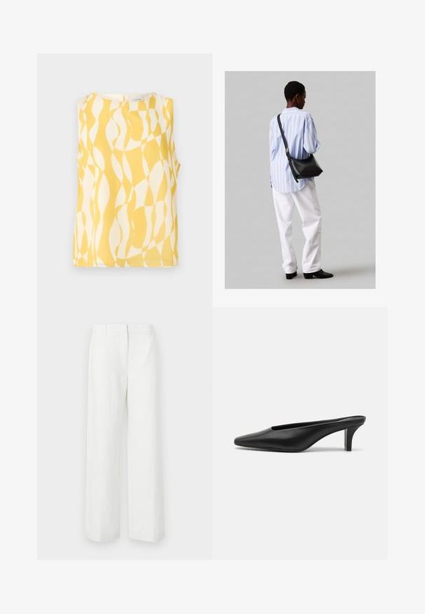 Dzeltena un balta bez piedurknēm tops ar viļņveida rakstu. Izgatavots no viegla auduma, ar apaļu apkakli un atslēgas caurumu aizmugurē.; Balti platās bikses ar gludu tekstūru, ar platu priekšpusi un izspiestām krokām. Izgatavotas no viegla auduma, nav redzamu rakstu.; Melnas ādas smailes čības ar zemu stiletto papēdi. Gluda tekstūra, minimālistisks dizains un atvērta aizmugure vieglai uzvilkšanai.; Melna ādas plecu soma ar mīkstu tekstūru, trīsstūra formu un regulējamu siksnu, apvienota ar gaiši zilu svītrotu krekli un baltām biksēm.