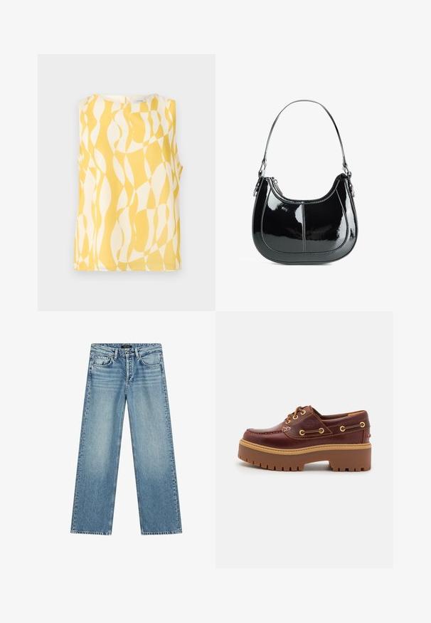 Top senza maniche giallo e bianco con un motivo ondulato. Realizzato in tessuto leggero, presenta un colletto rotondo e una chiusura a fessura sul retro.; Jeans azzurri a gamba larga realizzati in denim. Presentano cinque tasche, chiusura con bottone e una leggera scoloritura che conferisce un aspetto strutturato.; Scarpa da barca in pelle marrone con suola in gomma marrone robusta, occhielli dorati e cuciture a contrasto. Presenta un logo sul lato.; Borsa a mano in pelle verniciata nera, con design curvo, chiusura con zip e un solo manico a spalla caratterizzato da hardware e cuciture in tono argento.