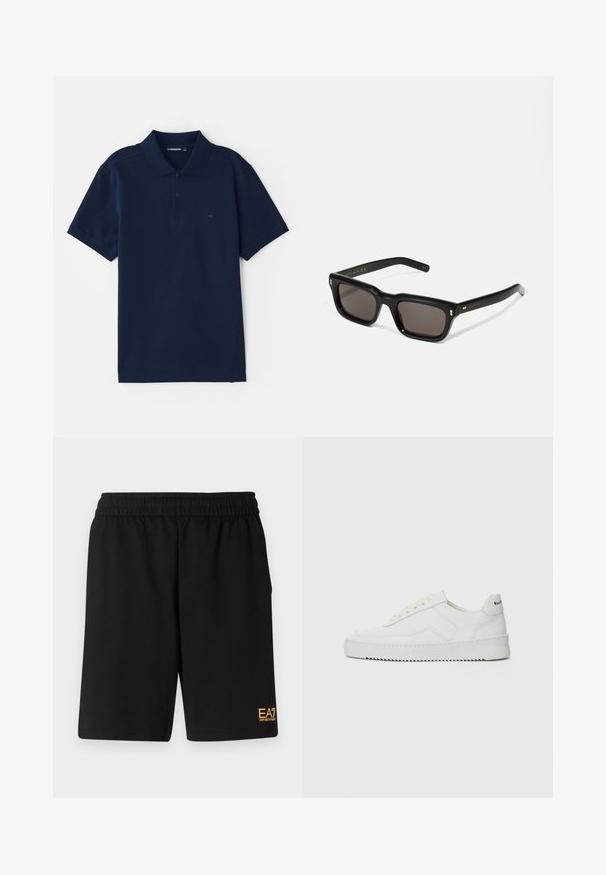 Námornícky modrá polo košeľa z bavlneného zmesi, s klasickým golierom, trojradovým zapínaním na gombíky a krátkymi rukávmi. Jemné logo na hrudi.; Čierne športové šortky vyrobené z jemného materiálu, s elastickým pásom a malým žltým logom EA7 na dolnej ľavej nohe.; Biele kožené tenisky s hladkým povrchom, okrúly špičkový dizajn, ploché šnúrky a textúrovaná podrážka. Obsahujú jemné logo na päte.; Čierne obdĺžnikové slnečné okuliare s tmavými sklami, hrubým plastovým rámom, zlatými detailami na spánkoch a vygravírovaným logom značky na ramene.