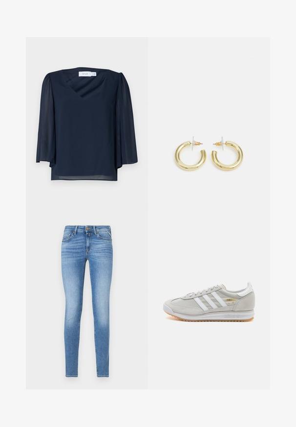 Tengerészkék blúz V-kivágással, rövid puffos ujjakkal és könnyű szövettel. Simaságot és laza szabást kínál.; Vékony fit világoskék farmernadrág, közepes derekú, elöl gombbal, öt zsebes kialakítással.; Világosszürke sportcipő velúr és hálós anyagból, három fehér csíkkal, kerek orral és gumi talppal. Arany logó dísz a fűzők közelében.; Arany fülbevalók sima, fényes felülettel. Kör alakú dizájn, amely kis kapoccsal és átlátszó tartozékkal rendelkezik a biztonságos viselés érdekében.