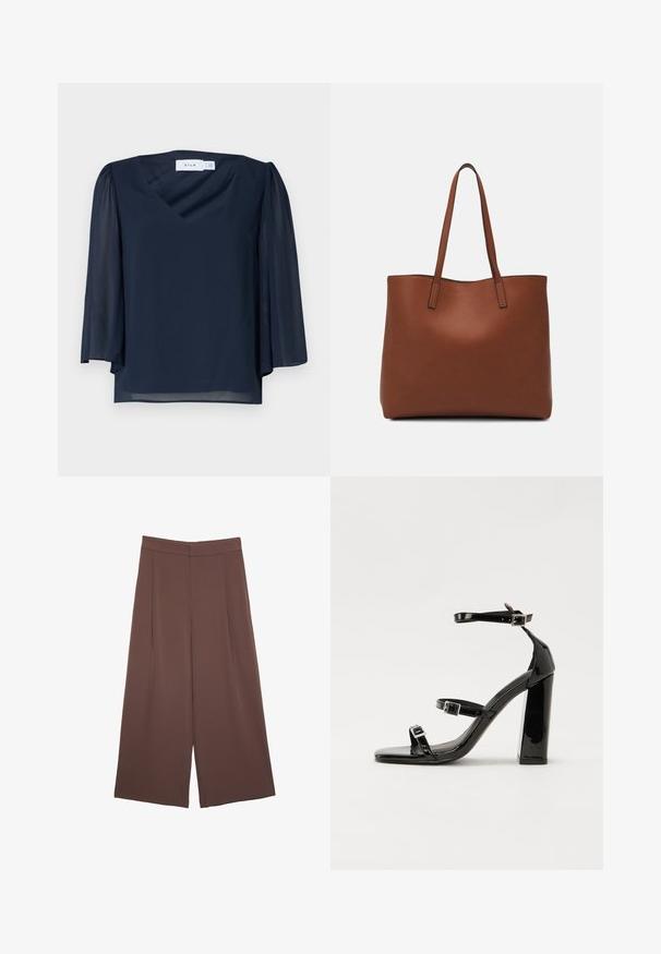 Blusa blu navy con scollatura a V, maniche corte a palloncino e tessuto leggero. Caratterizzata da una texture liscia e da una vestibilità rilassata.; Pantaloni ampi marroni con una texture liscia, caratterizzati da una vita alta e pieghe frontali. Il tessuto è leggero e scorre liberamente.; Sandali con tacco in vernice nera, con punta squadrata, cinturini alla caviglia e fibbie in argento. Presentano un tacco a blocco spesso per maggiore stabilità.; Borsa tote in pelle marrone con texture liscia, design con apertura superiore e due spallacci. Presenta cuciture minime e nessun hardware visibile.