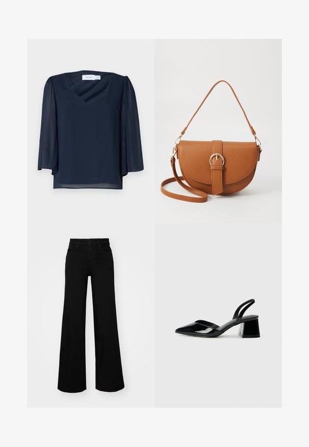 Tamno plava bluza s V-izrezom, kratkim napuhanim rukavima i laganom tkaninom. Ima glatku teksturu i opušten kroj.; Crne široke traperice s čvrstim pojasom, petljama za remen i prednjim džepovima. Gladak teksturirani materijal s klasičnim dizajnom.; Crne lakirane kožne sandale s otvorenom petom i špicastim vrhom, s geometrijskom blok petom. Imaju elegantan, minimalistički dizajn i glatku teksturu.; Smeđa kožna torba preko tijela s zakrivljenim oblikom, zlatnim metalnim detaljima i naglaskom na kopču. Ima odvojivu naramenicu.