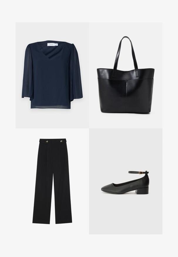 Jūras zila blūze ar V veida kakla izmēru, īsām puff piedurknēm un vieglu audumu. Iezīmē gludu tekstūru un brīvu piegriezumu.; Melnas platās bikses ar augstu jostasvietu, pogu detaļām uz jostas un priekšējām krokām.; Melnas ādas sūkņi ar smailu purngalu un zemu bloku papēdi. Iezīmēts ar potītes siksniņu ar zelta krāsas sprādzi. Gluda tekstūra.; Melnas ādas iepirkumu soma ar divām garām rokturām, gludu tekstūru un strukturētu formu. Iekļauj priekšējo kabatu papildu uzglabāšanai.