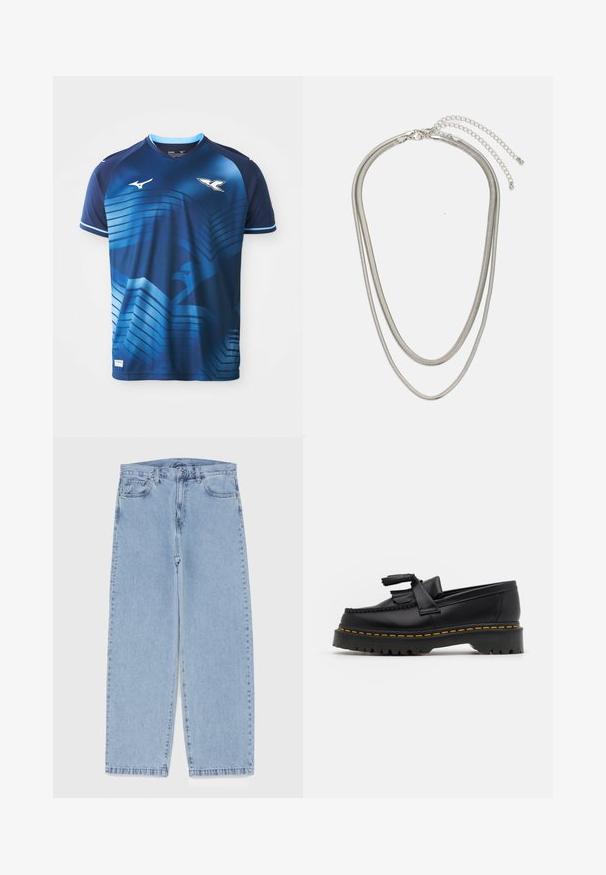 Sininen urheiluvaate, joka on valmistettu polyesteristä. Ominaisuuksina on liukuvärjäys suunnittelu vaakasuorilla linjoilla ja logo rinnassa. V-pääntie ja lyhyet hihat.; Vaaleansiniset farkut suoran lahkeen muotoilulla, joissa on puolivälin vyötärö, viisi taskua sekä nappi- ja vetoketjusuljenta.; Musta nahkakengät, joissa on tupsuakkentti, paksu musta pohja ja keltainen ommel reunassa. Rakeinen pinta.; Kolmikerroksinen hopeametallinen kaulakoru, jossa on tyylikkäitä, joustavia ketjuja, joissa on hieno kiilto. Kaulakoru on kiinnitetty hummerilukolla ja siinä on säädettävä ketju.