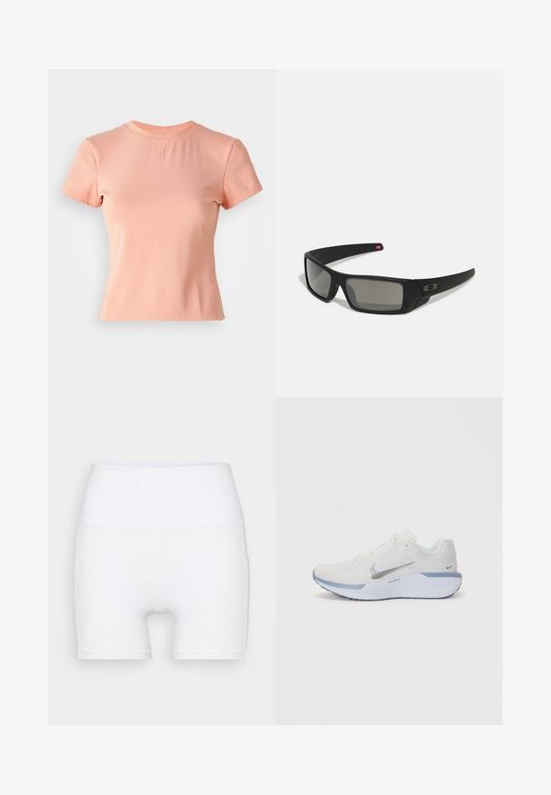 Tricou scurt cu mânecă scurtă, de culoare roz deschis, realizat dintr-un material ribat. Dispune de un decolteu rotund și un mic logo embossat în centru.; Șorturi albe cu talie înaltă, fabricate dintr-un material elastic. Au o textură netedă și un design ajustat, fără modele sau accesorii suplimentare.; Pantof cu design sportiv, de culoare albă, cu un superior din plasă texturată, accente argintii și o talpă de un albastru deschis. Prezintă sireturi rotunde și un călcâi căptușit.; Ochelari de soare negri cu o finisare mată, lentile dreptunghiulare, curbură ușoară pe bănci, detaliu subtil cu logo și lentile cu tentă fumurie.