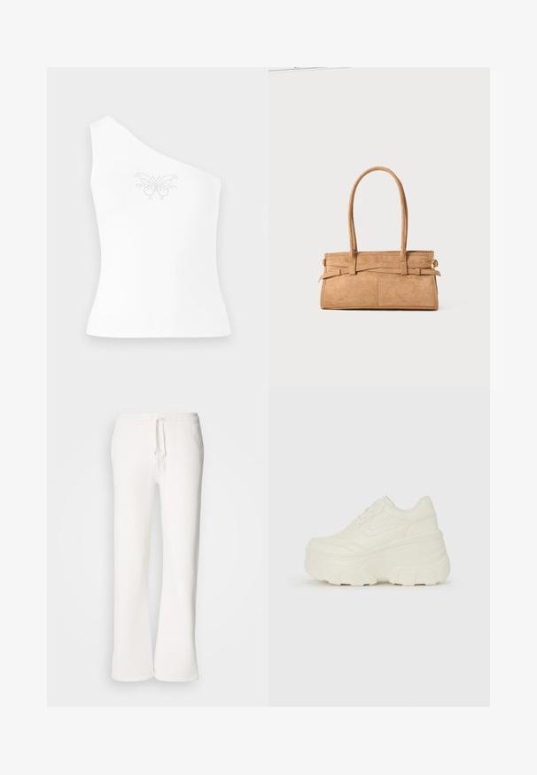 Egy vállat fedő fehér felső sima anyagból, amelyen pillangó minta látható, elülső részén apró kristályokkal kiemelve.; Fehér, laza szabású melegítőnadrág, puha anyagból készült, rugalmas derékkal és zsinórral, egyenes szárú kialakítással.; Fehér platform sportcipők, sima bőrszerű felsőrésszel, kerek formával, párnázott bokával és texturált gumitalppal, jól definiált mintázattal.; Barna nubuk bőr kézitáska, két hosszú fogantyúval, téglalap alakú, és díszítő varrással. Oldalszíja és diszkrét arany fém kiegészítők találhatók rajta.