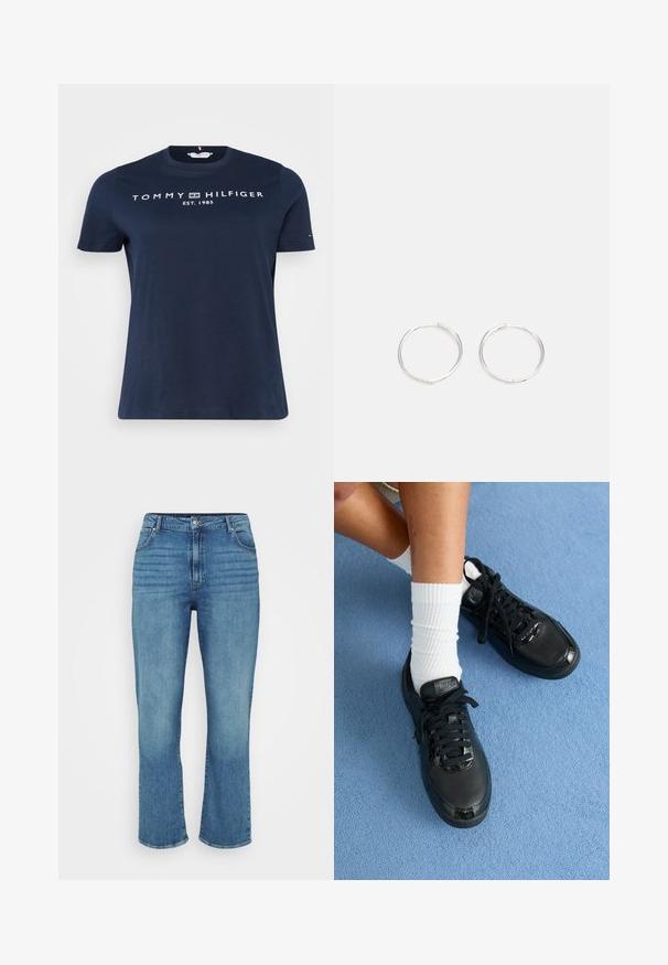 Tumši zila kokvilnas T-krekls ar apaļu kakla izgriezumu, priekšā ar baltu tekstu "TOMMY HILFIGER EST. 1985". Īsas piedurknes.; Gai zilu džinsi ar taisnu kāju dizainu, ar piecām kabatām, jostu cilpām un maziem izbalējumiem priekšā.; Melni Nike sporta apavi ar teksturētu virsmu, spīdīgām akcentiem un noapaļotām mežģīnēm. Tie ir apģērbi ar baltām ribotām zeķēm uz gaiši zila fona.; Sudraba riņķa auskari ar elegantu, apaļu dizainu, kas izceļas ar gludu virsmu un bez redzamām rotājumām. Diametrs netiek norādīts.