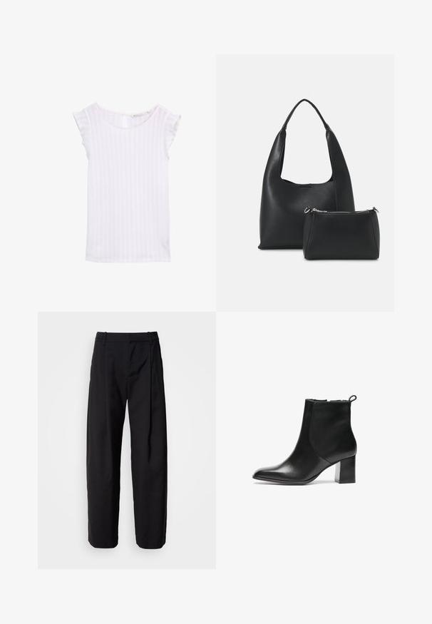 Hvid kortærmet top med et letvægts, tekstureret materiale. Har en rund halsudskæring og en nøglehul-åbning bagpå. Subtile lodrette striber.; Sorte bukser med en afslappet pasform, plisseret front og bæltestropper. Glat stof og lige ben, med sidelommer.; Sorte læder ankelstøvler med en rund tå, en mellemhøj blokhæl og en løkke bagpå. Glat tekstur, minimalistisk design.; Even&Odd Håndtasker - black