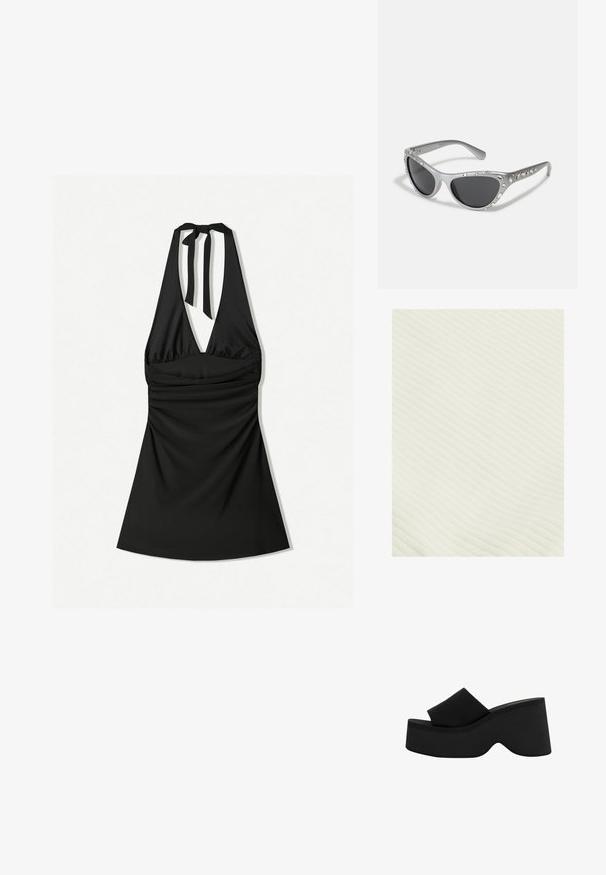 Lys creme ribbet stof med en blød tekstur, der har horisontale linjer, der skaber et subtilt mønster. Materialet virker let og fleksibelt.; Sort halterneck kjole med dyb udskæring, rummelig bodice og en slips ved halsen. Stoffet er glat og let blankt.; Sort platform slide med en tyk, rund sål og bred rem. Glat tekstur, minimalistisk design og kontureret form for stabilitet.; Sølv katteøje-solbriller med mørke linser, udsmykket med klare juvelakenter langs stellet. Mat finish med buet bøjningsdesign.