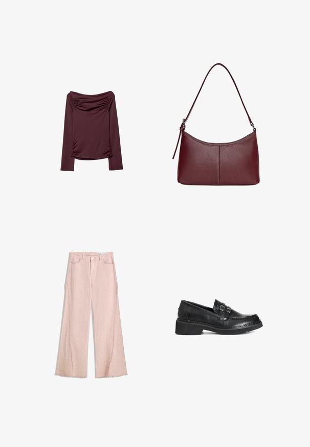 Bordeaux langærmet top med off-shoulder halsudskæring, der har rynkede detaljer på siderne og en glat, strækbar tekstur.; Lys rosa vidde jeans med tekstureret overflade, frynset kant og fem-lomme design. Har en knaplukning og bæltestropper.; Sorte læder loafers med en glat finish, der har dobbelt spænde detaljer, en tyk sål og dekorativ syning langs kanterne.; Kastanjebrun læderhåndtaske med en buet form, en enkelt skulderrem og syninger i midten. Glat tekstur, minimal hardware.