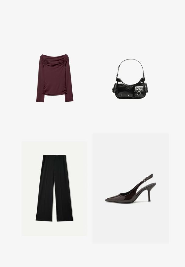 Burgundská dlouhá rukávová halenka s výstřihem na ramena, zdobená na bocích řasením a hladkým, elastickým materiálem.; Bershka WIDE - Kalhoty - black; Slingback lodičky na vysokém podpatku z lesklé tmavě hnědé lakované kůže, s špičatou špičkou, otevřenými stranami a nastavitelným páskem kolem kotníku.; Černá lakovaná kožená kabelka s křivkovým tvarem, jedním ramenním popruhem, předními kapsami a stříbrnými kovovými detaily.