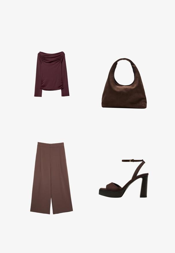 Bordeauxfarbenes Langarmoberteil mit schulterfreiem Ausschnitt, das seitliche Rüschendetails und eine glatte, elastische Textur aufweist.; Braune Weite-Leg-Hosen mit einer glatten Textur, hoher Taille und Vorderfalten. Der Stoff ist leicht und fällt locker.; Braune Wildleder-Pumps mit offenem Zeh, verstellbarem Knöchelriemen und gestreiftem Plateausohlen.; Weiche braune Hobo-Stil Handtasche mit einem einzigen breiten Trageriemen und einer geschwungenen Oberteilöffnung, auf einem weißen Hintergrund präsentiert.