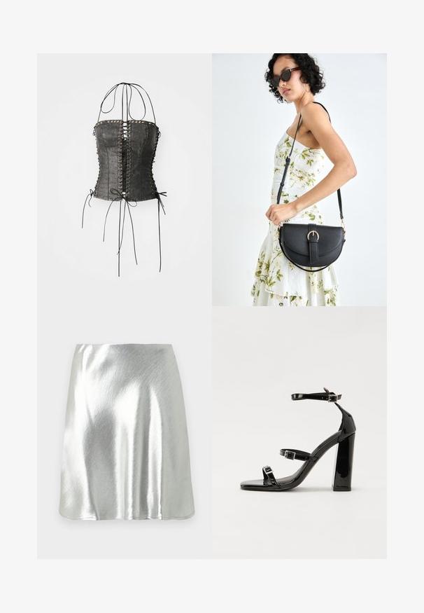 Jaded London LONGLINE LACE UP HALTER CORSET - Tops - black; Sudraba metāliska mini svārki ar gludu tekstūru un vieglu spīdumu. Raksturīgs izplešams dizains un vienkārša, tīra mala.; Melnas lakotas augstpapēžu čības ar kvadrāta purngalu, potīšu siksniņām un sudraba sprādzēm. Aprīkotas ar masīvu bloku papēdi stabilitātei.; Melnas ādas rokassoma ar izliekta formu, noņemamu siksnu un zelta aksesuāriem. Somai ir vāciņš ar sprādzes detaļu.