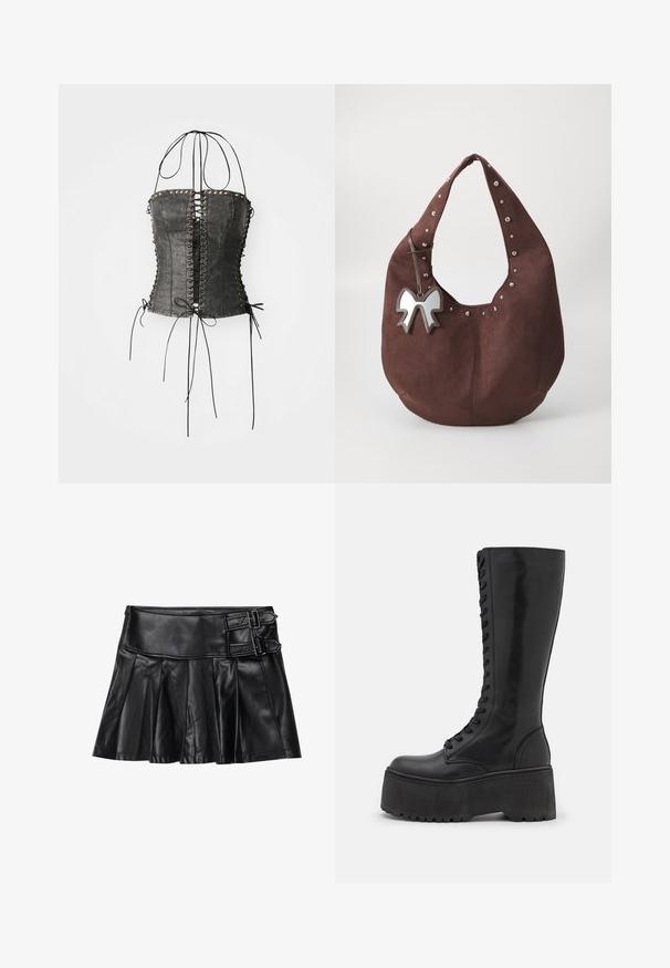 Jaded London LONGLINE LACE UP HALTER CORSET - Top - black; Črna usnjena krilo s gubami, širokim pasom in dvema zaponkama na strani. Gladka tekstura s sijajno obdelavo.; Zign LEATHER - Škornji z vezalkami - black; Rjava suede hobo torba z zlatimi nitmi ob zgornjem robu in z metalnim lokom kot čarom, pritrjenim na naramnico. Širok dostop in mehak material.