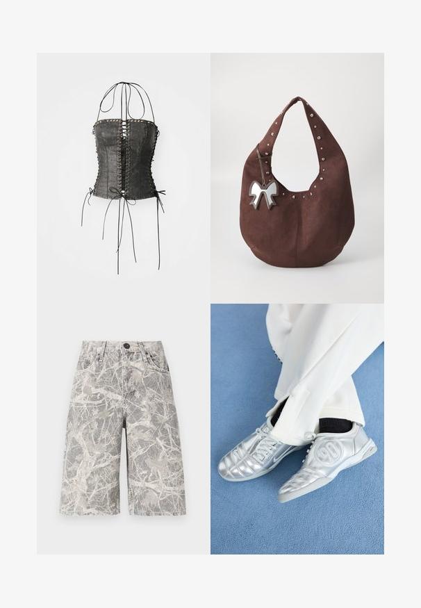 Jaded London LONGLINE LACE UP HALTER CORSET - Top - black; Șorturi din denim cu un model de camuflaj în nuanțe de gri și bej, având un design clasic cu cinci buzunare și închidere cu nasture din metal.; Pantofi sport argintii cu un finisaj neted și lucios, având un design cusut și cifra 90 pe lateral, asortați cu pantaloni albi.; Geantă hobo din gamă de piele-suede maro, cu capse argintii pe marginea superioară și un charm în formă de fundiță metalică atașat de curea. Deschidere largă și textură moale.