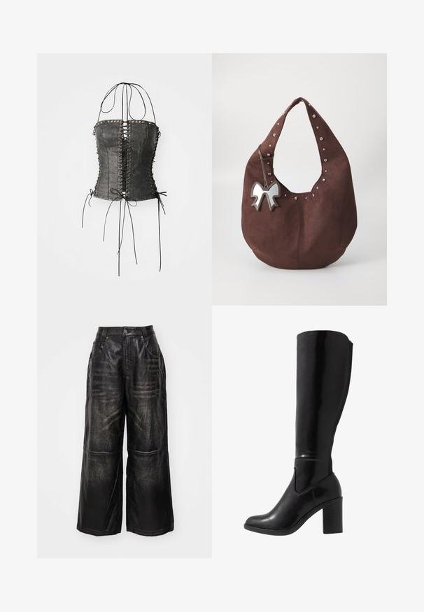 Jaded London LONGLINE LACE UP HALTER CORSET - Top - black; Black wide-leg pants made of leather with a slight sheen. Features stitched detailing and front pockets, finished with a button and zipper.; Knee-high black glossy heeled boots with a rounded toe, smooth texture, side cutout detail, and a chunky stacked heel.; Brown suede hobo bag featuring silver studs along the top edge and a metallic bow charm attached to the strap. Wide opening and soft texture.