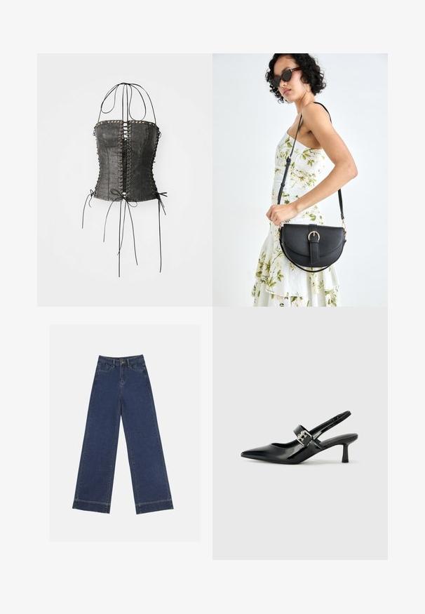 Jaded London LONGLINE LACE UP HALTER CORSET - Top - black; Wide-leg jeans in dark blue denim. Features five pockets, belt loops, and a raw hem at the bottom with visible stitching details.; Black patent leather slingback heels with a pointed toe and a small block heel, featuring a silver buckle accent on the strap.; Black leather handbag with a curved shape, detachable strap, and gold hardware. The bag features a flap with a buckle detail.