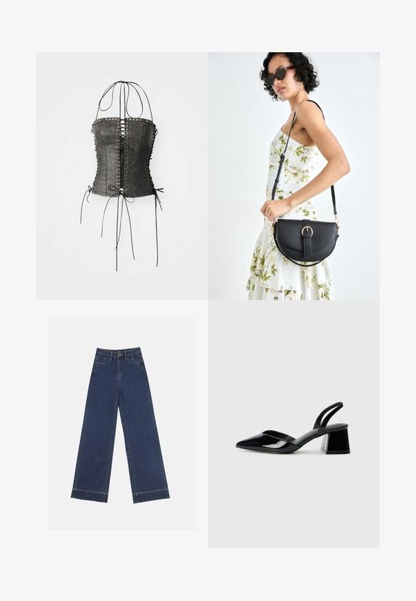 Jaded London LONGLINE LACE UP HALTER CORSET - Topper - black; Videbenede dressbukser i mørkeblå denim. Har fem lommer, beltestropper og en rå kant i bunden med synlige stikninger.; Svarte patentlær slingback hæler med spiss tå og geometrisk blokk hæl. Har et stilrent, minimalistisk design og jevn tekstur.; Svart lærveske med en buet form, avtagbar stropp og gullbeslag. Vesken har et klaff med spenne-detall.