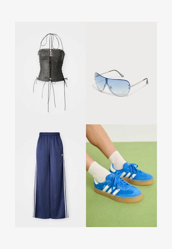 Jaded London LONGLINE LACE UP HALTER CORSET - Topper - black; Mørkeblå vide bukser med vertikale hvite striper, elastisk midje og tre hvite striper langs hver side, laget av et lett materiale.; Blå ruskinnsneakers med hvite striper, gummisåle, rund tå og tekstillisser. Kombinert med kremfargede sokker på en grønn overflate.; Pilotbriller med gradient blå linse, sølvfarget metallramme og dekorative stjerneaksenter på linsen. Glatt og stilren design.