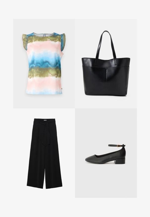 Short-sleeve top featuring a multicolored, wavy tie-dye pattern in pink, blue, and green. Lightweight fabric with ruffled shoulder accents.; Black wide-leg pants featuring a textured fabric, an elastic waistband, and a detachable sash tie at the waist for adjustable fit.; Black leather pump with a pointed toe and a low block heel. Features an ankle strap with a gold-tone buckle. Smooth texture.; Black leather tote bag with two long handles, a smooth texture, and a structured shape. Features a front pocket for additional storage.