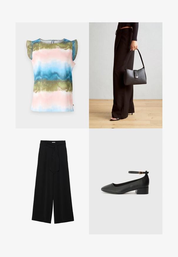 Short-sleeve top featuring a multicolored, wavy tie-dye pattern in pink, blue, and green. Lightweight fabric with ruffled shoulder accents.; Black wide-leg pants featuring a textured fabric, an elastic waistband, and a detachable sash tie at the waist for adjustable fit.; Black leather pump with a pointed toe and a low block heel. Features an ankle strap with a gold-tone buckle. Smooth texture.; Black handbag with structured shape, smooth texture, and a metallic clasp. Paired with wide black pants and open-toe sandals on wooden floor.