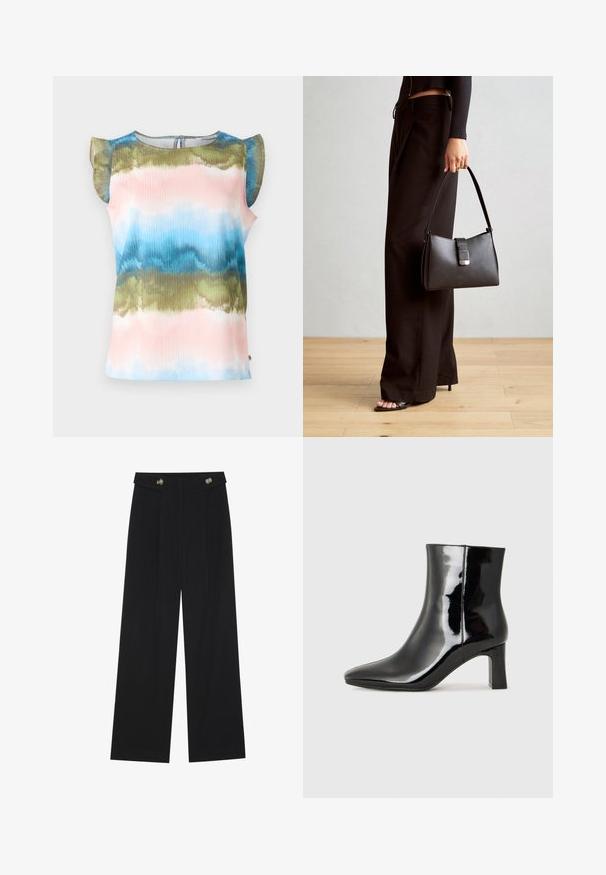 Top à manches courtes avec un motif tie-dye multicolore en vagues, dans des tons de rose, bleu et vert. Tissu léger avec des accents volants aux épaules.; Pantalons larges noirs à taille haute, avec des détails de boutons à la taille et des plis sur le devant.; Bottines en cuir verni noir avec un bout pointu et un talon block de hauteur moyenne. Texture lisse et design minimaliste.; Sac à main noir à la forme structurée, texture lisse et fermoir métallique. Associé à un pantalon noir ample et des sandales ouvertes sur un sol en bois.
