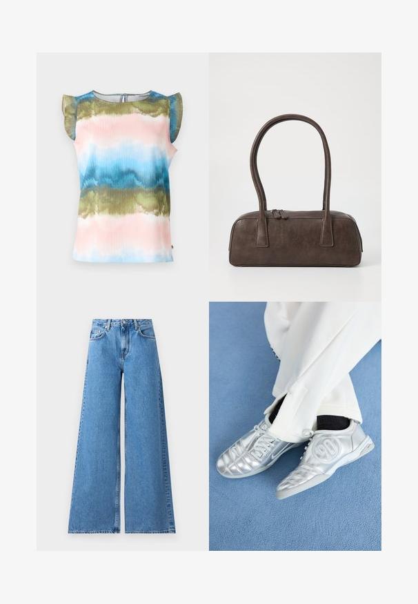 Rövid ujjú blúz, amely rózsaszín, kék és zöld színű, hullámos, sokszínű batikmintával rendelkezik. Könnyű anyag, fodros vállpántokkal.; Nagy lábú kék farmernadrág magas derékkal, klasszikus öt zsebes dizájnnal és oldalvarrásokkal a részletes megjelenés érdekében.; Ezüst sportcipők sima, fényes felülettel, varrott mintázattal és a 90-es számmal az oldalán, fehér nadrággal párosítva.; Barna bőrtáska, két masszív fogantyúval, téglalap alakú, sima felülettel és cipzáras záródással. Minimalista dizájn, látható minták nélkül.