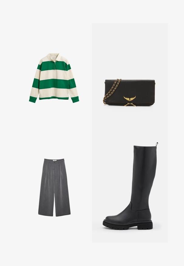 Zeleno in kremasto prugasta dolgodlaka polo majica s klasičnim ovratnikom, ki ima majhen sprednji gumb in bočne razpoke na robu.; Bela bluzica z dolgimi rokavi s klasičnim ovratnikom, sprednjim zapenjanjem na gumbe in nabranimi stranskimi detajli. Gladek material s krojem, ki se prilega.; Nabrane hlače širokega kroja v temnosivi tkanini z diskretno teksturo. Opremljene so z gumbom za zapiranje in klasičnim oblikovanjem pasu.; Črne škornje do kolen, izdelane iz gladkega mat materiala, z debelim podplatom, zaobljenim prstom in zanko na vrhu za enostavno oblačenje.; Črna usnjena torbica z zlatim logotipom z krili, verižnim ročajem in zadrgo. Teksturna površina in preprost pravokoten dizajn.