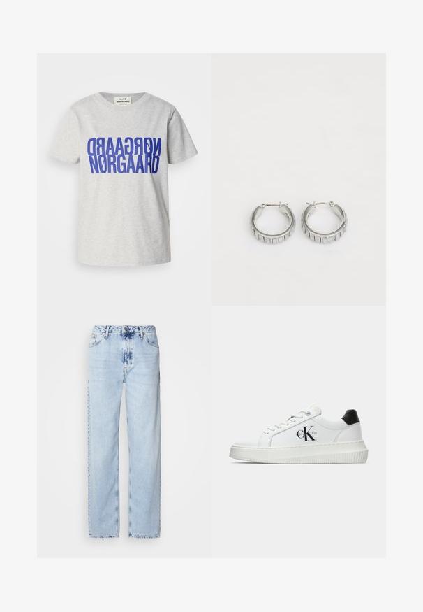 Pilkas medvilninis marškinėlis su dideliu, ryškiu mėlynu tekstu, skaitančiu "NØRGAARD", rodomu tiek vertikaliai, tiek horizontaliai. Apvalus kaklas, trumpomis rankovėmis.; Šviesiai mėlynos plačios kelnės, pagamintos iš džinsinio audinio, su aukšta juosmens linija, išblukusiu plovimu ir subtiliu tinių dažymu priekyje.; Balti žemakulniai bateliai su juodu kulno dangteliu, platformos padu, raišteliais ir Calvin Klein "CK" logotipu šone.; Sidabrinės auskarų žiedai su tekstūruotu dizainu, turinčiu vertikalias briaunas. Apskritimo forma su saugiu užraktu. Lygi apdaila.