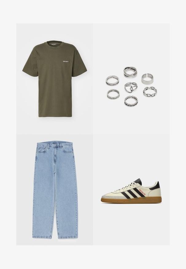 Olive green short-sleeve t-shirt made of cotton, featuring a crew neck and a small white logo printed on the left chest.; Light blue denim jeans with straight leg design, featuring a mid-rise waist, five pockets, and a button and zipper closure.; Cream and black Adidas Spezial sneaker with gum sole, black stripes, red stitching, and "Spezial" branding on side.; Set of seven silver rings featuring various designs, including twisted, linked, and engraved patterns. Different shapes and widths.