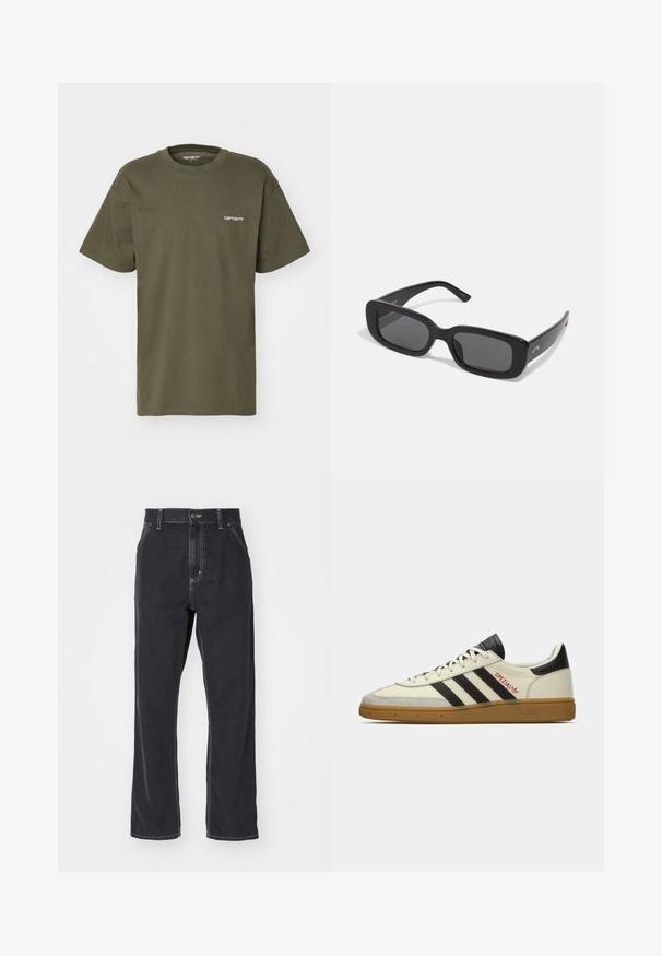Olivgrön t-shirt med kort ärm i bomull, med rundad halsringning och en liten vit logotyp tryckt på vänster bröst.; Svarta denimjeans med rak passform, som har dragkedja, fem fickor och kontrastsydd längs sömmarna.; Krämfärgad och svart Adidas Spezial sneaker med gummisula, svarta ränder, röda stygn och "Spezial"-märkning på sidan.; Svarta rektangulära solglasögon med mörka linser, släta plastbågar och breda skalmar. Subtil logotyp på sidan.