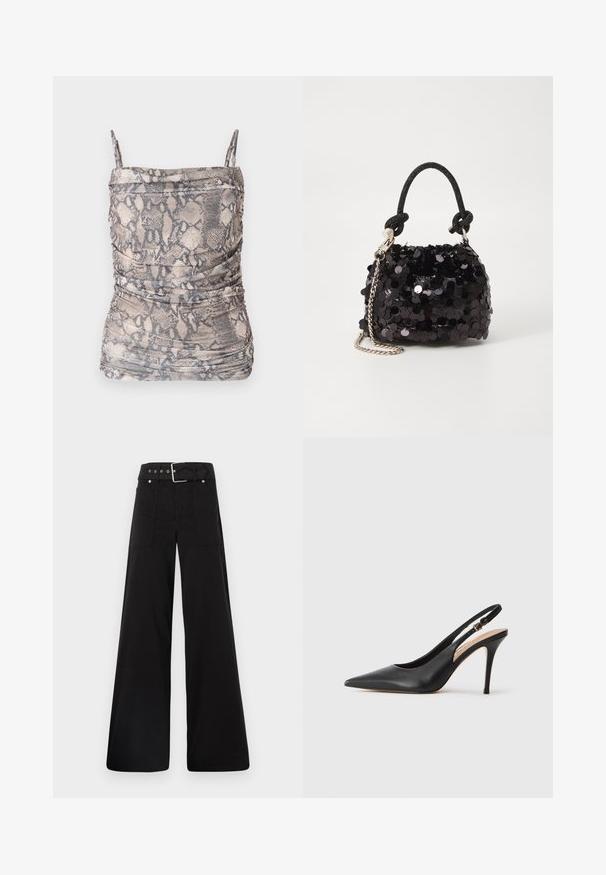 Prune ja halli käärmeprindiga top, millel on õhukesed rihmad, fokaalsete detailidega ja pehme, struktureeritud kangas.; Mustad laiad mustad püksid, mis on valmistatud puuvillast, kõrge vöökoha, suurte küljetaskute ja kumerate rihmadega, kus on hõbedased detailid.; Mustaga nahast slingback kõrge kontsaga jalanõud terava toe ja sileda tekstuuriga, delikaatse rihmaga, mis on varustatud metallist säärekohaga.; Must have mustrõngus mustal sädelev mini käekotil on sõlme tekstuuriga rihm ja hõbedane ketis. Ümar kuju, kokku kogutud ülaosa ja peegeldav detail.