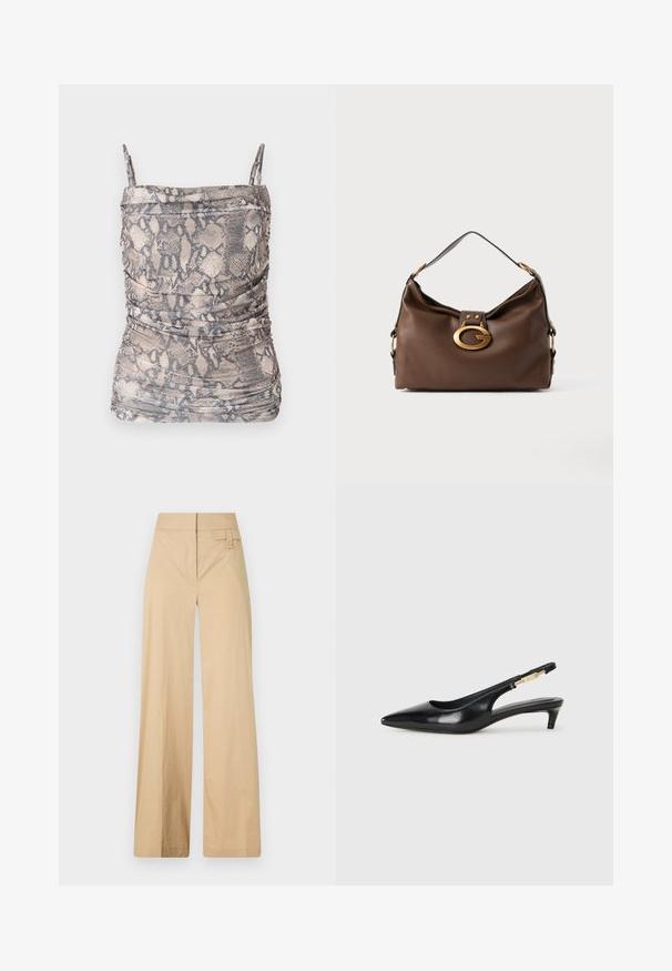 Top de estampado de serpiente en marrón y gris con tirantes finos, que presenta detalles con fruncidos y una tela suave y texturizada.; Pantalones de pierna ancha beige fabricados en una mezcla de algodón. Presentan una textura suave, cinturilla elástica y un detalle de botón en el lateral.; Tacones negros de piel sintética tipo slingback con punta afilada, que cuentan con un tacón delgado y un detalle en tono dorado en la correa ajustable. Textura suave.; Bolso de mano de cuero marrón con un acabado texturizado, que presenta un cierre de hardware en tono dorado y una única correa de hombro curva.