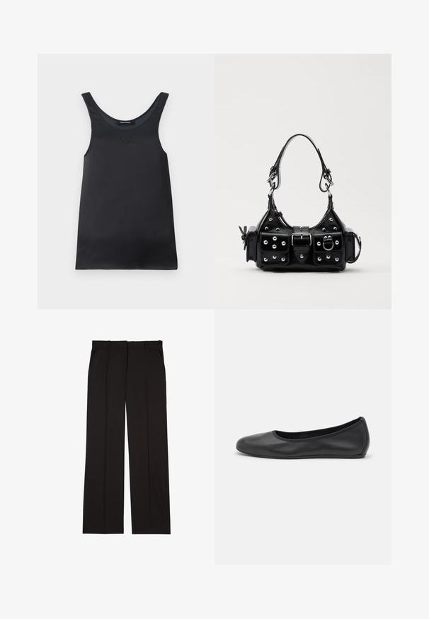 T-shirt preta sem mangas feita de tecido suave. Apresenta um decote redondo e um pequeno detalhe do logótipo perto do colarinho. Design simples e minimalista.; Calças pretas sob medida feitas de um tecido suave, com um design de perna reta e dois bolsos laterais. Construção elegante e minimalista.; Bailarina preta em pele com bico arredondado, textura suave, detalhe de costura minimalista e design de sola flexível.; Bolsa de couro preta com um design curvado, apresentando tachas prateadas, uma fivela e dois bolsos laterais. Alça ajustável para opções de transporte.