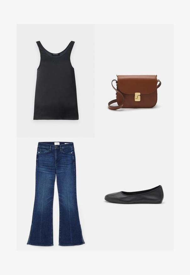 Zwarte mouwloze tanktop gemaakt van gladde stof. Heeft een ronde halslijn en een subtiel logo bij de kraag. Eenvoudig en minimalistisch ontwerp.; Donkerblauwe uitlopende jeans gemaakt van denim. Beschikt over een hoge taille, voorzakken en splitdetails aan de zoom. Klassiek vijfzakontwerp.; Zwarte leren ballerina met een ronde neus, gladde textuur, minimale stikdetails en een flexibele zoolontwerp.; Bruine leren handtas met een klep sluiting, gouden hardware, een schouderband en een gladde textuur. Compact rechthoekige vorm.