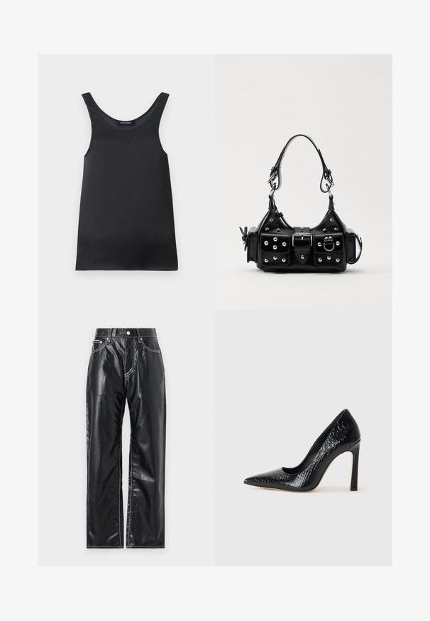 Black sleeveless tank top made of smooth fabric. Features a rounded neckline and a subtle logo detail near the collar. Simple and minimalist design.; Black faux leather pants with a wide-leg cut, featuring white stitching, front pockets, and a gold button at the waistband.; Black pointed-toe high heel shoe with a crocodile-skin texture, featuring a sleek design, high stiletto heel, and smooth black interior.; Black leather handbag with a curved design, featuring silver studs, a buckle, and two side pockets. Adjustable strap for carrying options.