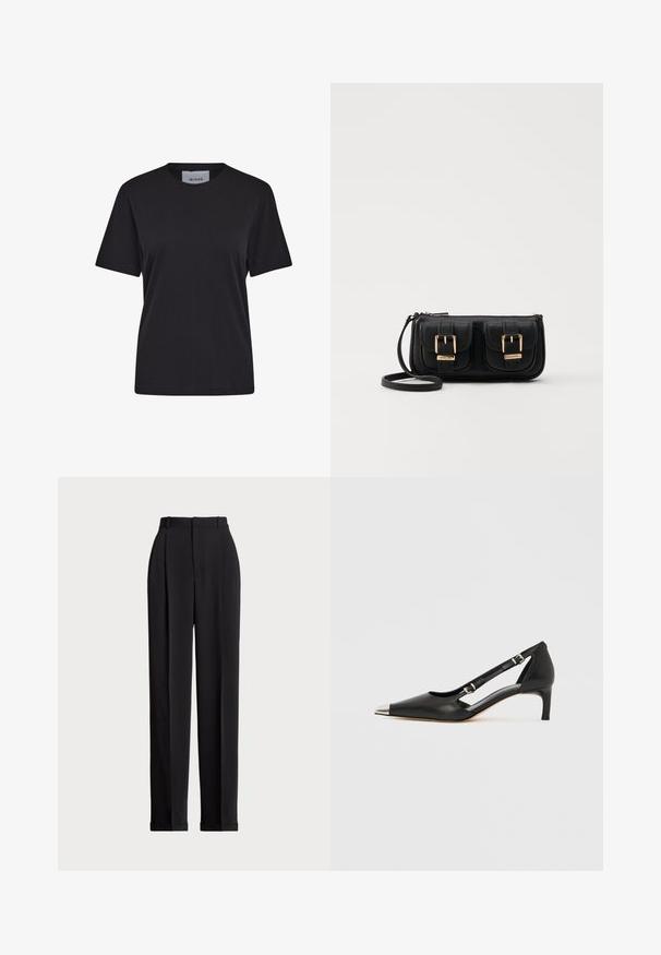 Black short-sleeved t-shirt made from cotton, featuring a crew neckline and a straight cut. Label visible at the neck.; Black tailored trousers with a high waist, featuring pleats at the front, a straight leg design, and a cuffed hem. Made from smooth fabric.; Black leather kitten heel with pointed silver toe cap and dual buckle straps on a white background.; Black leather crossbody bag with two front pockets, gold buckles, zipper closure, and a slim strap. Textured surface and compact rectangular shape.
