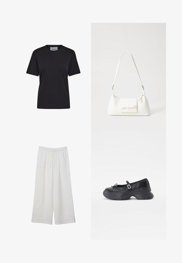 Czarny, krótki rękaw t-shirt wykonany z bawełny, z okrągłym dekoltem i prostym krojem. Etykieta widoczna na szyi.; Białe szerokie spodnie wykonane z lekkiego materiału, z elastyczną talią i sznurkiem do regulacji fasonu. Gładka tekstura.; Czarny skórzany but Mary Jane z zaokrąglonym czubkiem, detalem w postaci kokardy i regulowanym paskiem na kostce. Posiada masywną gumową podeszwę z zakrzywionymi akcentami.; Biała syntetyczna torba o trójkątnym kształcie, płaskim przednim klapce i detalach w postaci kokardy, regulowanym pasku, gładkiej fakturze oraz minimalistycznym designie.